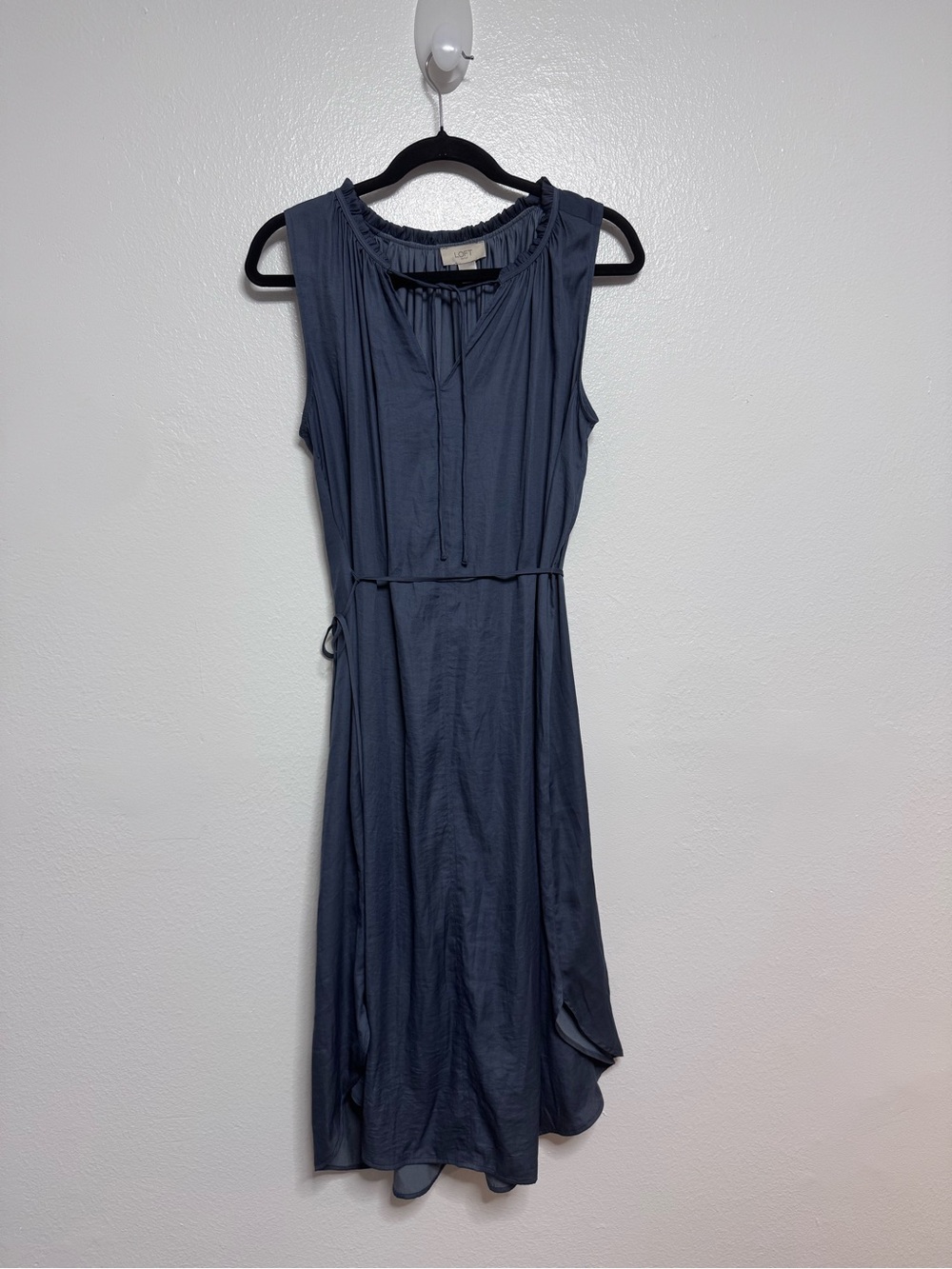 LOFT Slate Blue Sleeveless Midi Dress with Waist Tie